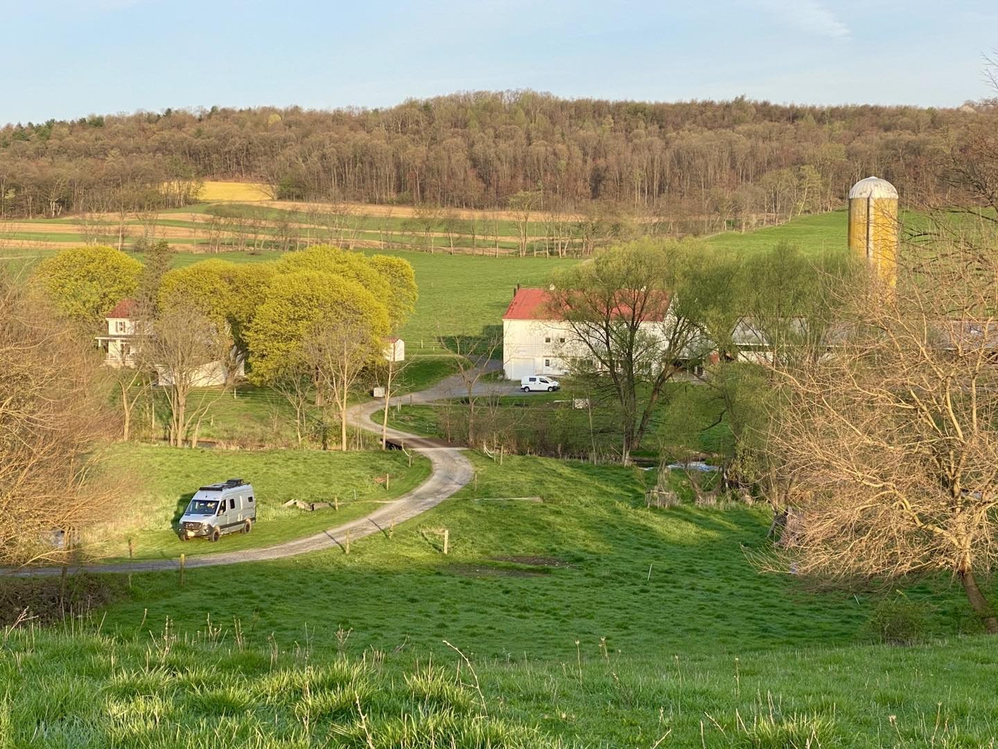 Harvest Host overnight parking spot at Clover Creek Cheese Cellar in Williamsburg, PA. Well tended farms in a beautiful valley with great spring weather. #clovercreekcheesecellar #williamsbergpa #harvesthosts #vanlife #revelsprintervan #vantraveling #orcuttphotography.danstpeter.com #vantookusthere #mercedes4x4sprintervan