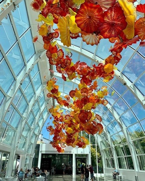 The Glasshouse at the Chihuly Gardens and Glass Museum in Seattle. The artist provided the concept for this structure and created the long glass sculpture hanging in it. #chihuly #seattle #gardenandglassmuseum #orcuttphotography #glassart #glasshouse