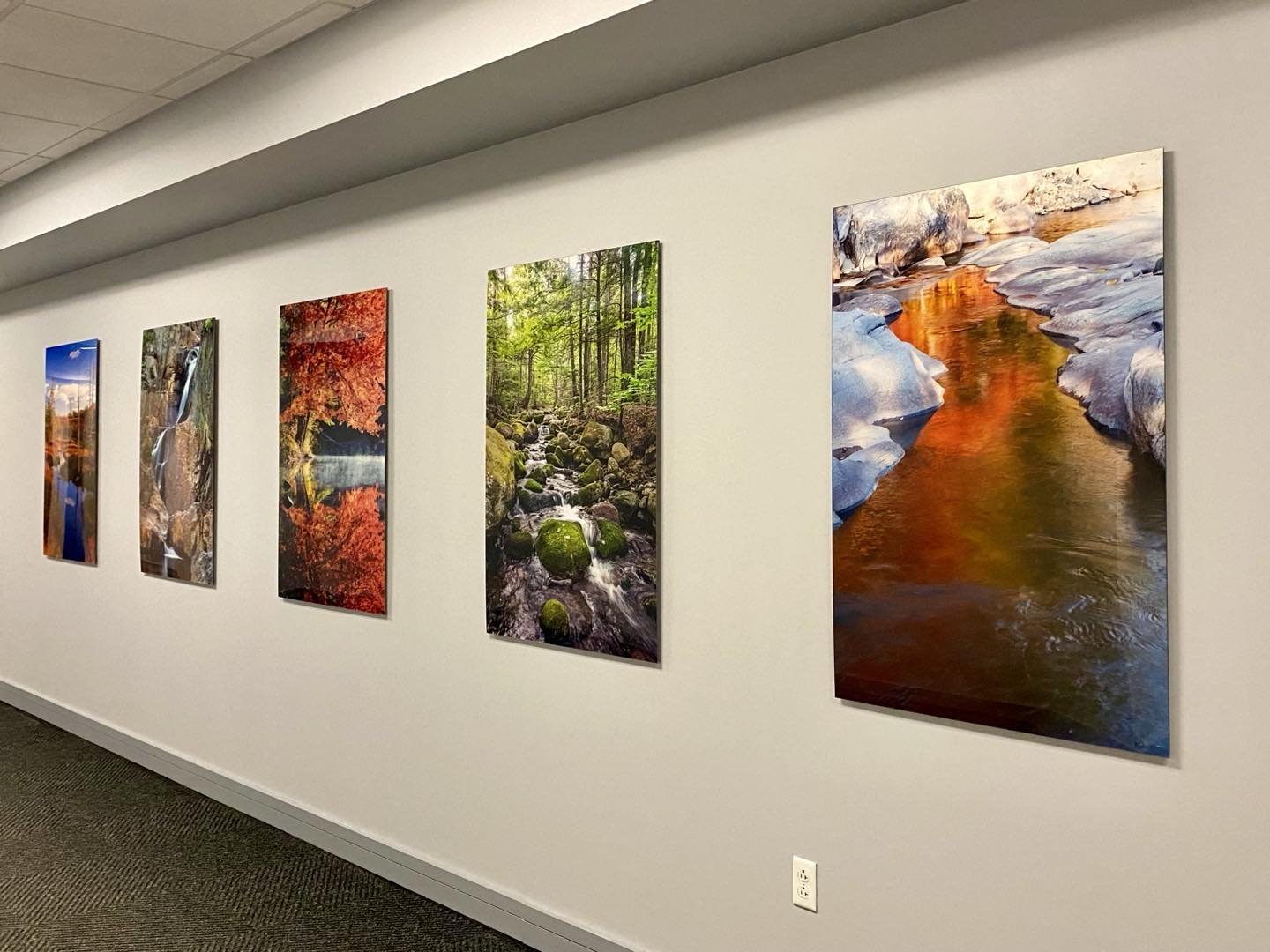 Yesterday we installed five 30” x 45” face mounted acrylic prints in the lobby of a South Portland office building. They are all photos of inland Maine from different seasons with water as the common feature. #orcuttphotography #westernmainephotography #maineimages #naturephotography