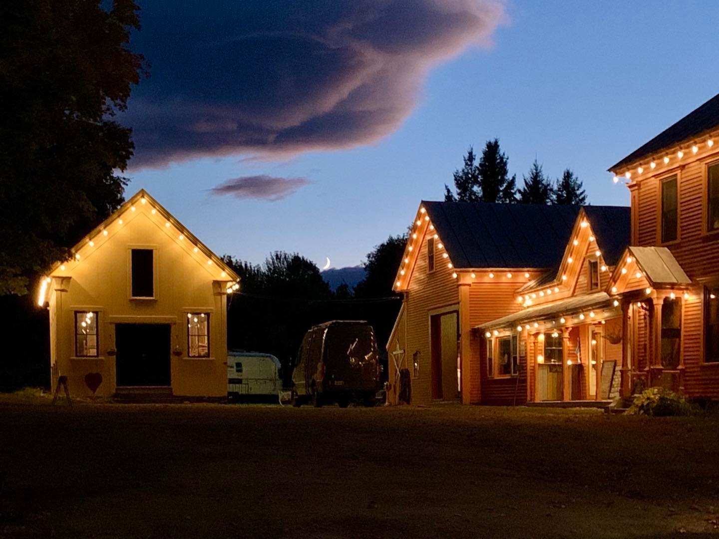 Rolling Fatties at dusk in Kingfield, Maine last September. A study of gable roof shapes in this small village in Western Maine. #kingfieldmaine #rollingfatties #westernmaine #villagearchitecture