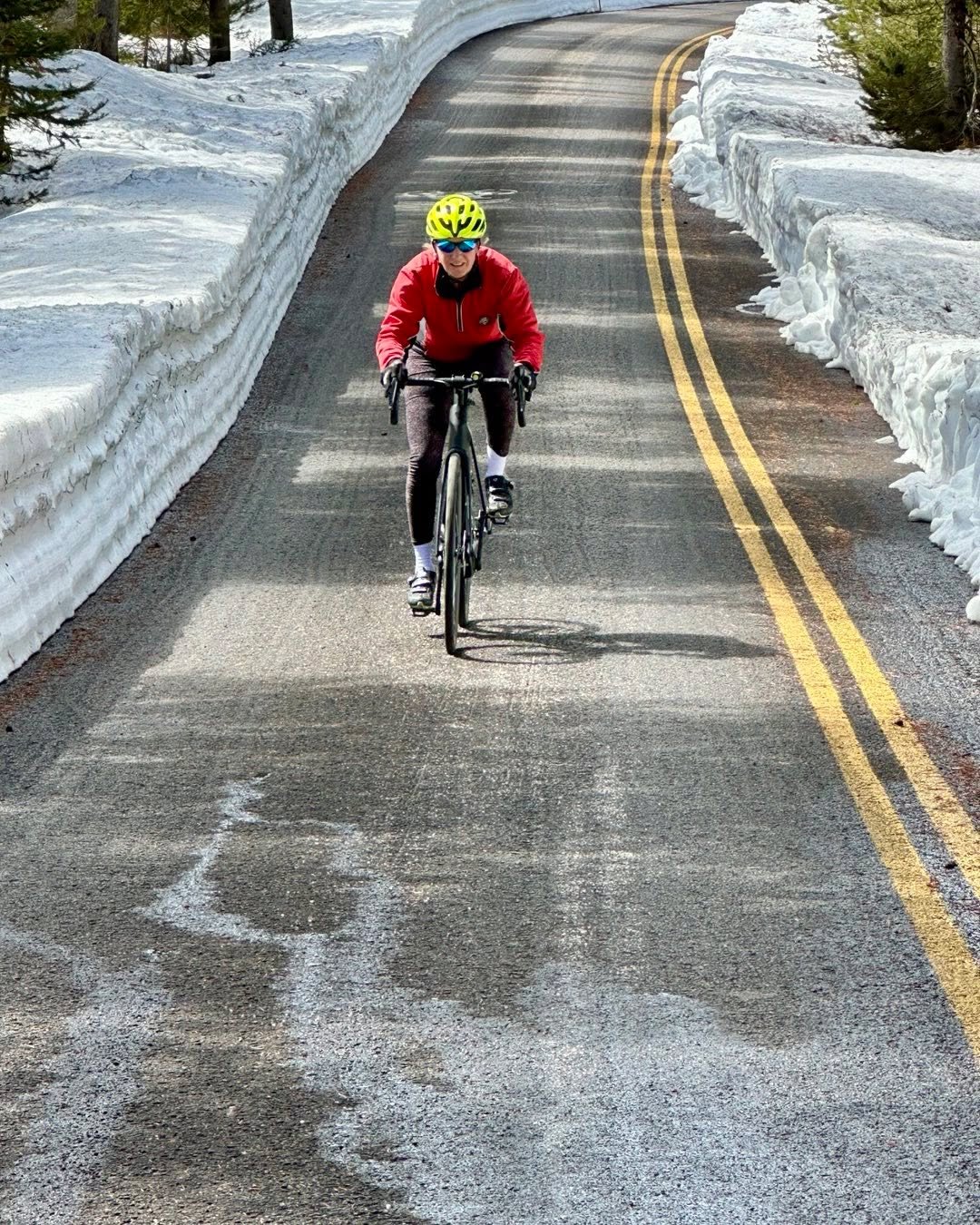 Cindy Orcutt riding the loop from String Lake to Jenny Lake in Grand Teton National Park this weekend. This was the last weekend before the roads in the park are open to automobiles, and the turnout of cyclists and roller bladers was immense. A great time to ride in the National Parks.